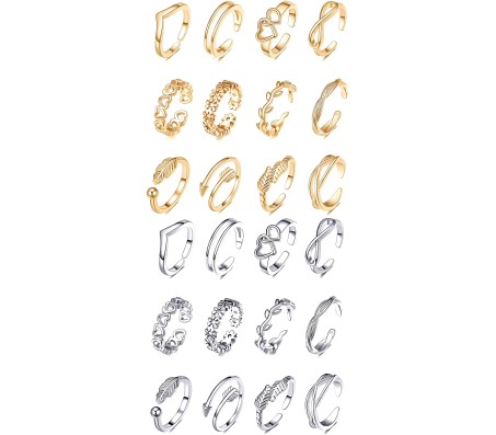 Adjustable Combo of 24 Knuckle Stackable Toe Ring Fashion Statement Gold Silver Multi Finger Rings Set Boho Stylish Western for Women and Girls