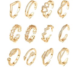 Adjustable Combo of 12 Knuckle Stackable Toe Ring Fashion Statement Gold Multi Finger Rings Set Boho Stylish Western for Women and Girls