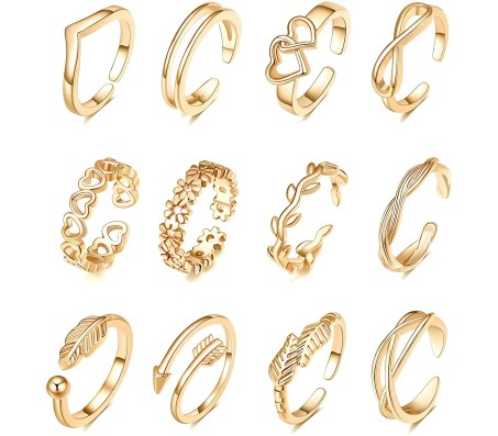 Adjustable Combo of 12 Knuckle Stackable Toe Ring Fashion Statement Gold Multi Finger Rings Set Boho Stylish Western for Women and Girls