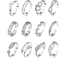 Adjustable Combo of 12 Knuckle Stackable Toe Ring Fashion Statement Silver Multi Finger Rings Set Boho Stylish Western for Women and Girls