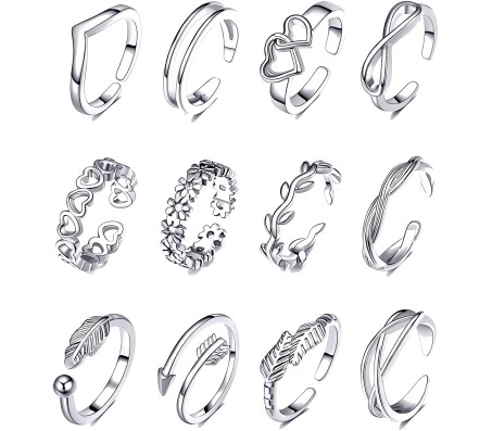 Adjustable Combo of 12 Knuckle Stackable Toe Ring Fashion Statement Silver Multi Finger Rings Set Boho Stylish Western for Women and Girls