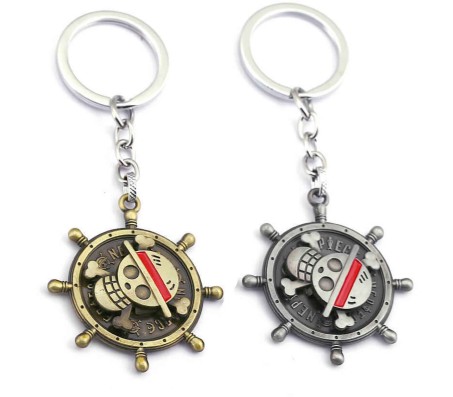 2 Pcs Anime Luffy One Piece Ship Wheel Skull Rotating Revolving Metal Keychain Key Chain Bronze and Grey for Car Bikes Key Ring