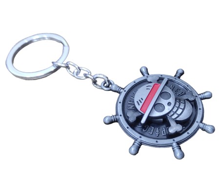 Anime Luffy One Piece Ship Wheel Skull Rotating Revolving Metal Keychain Key Chain Grey for Car Bikes Key Ring