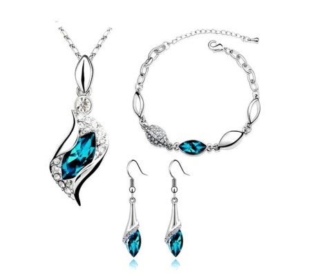 18K White Gold Plated Silver Austrian Blue Crystal Horse Eye Shape Elegant Trendy Beautiful Drop Pendant Set with Earrings and Bracelet for Women