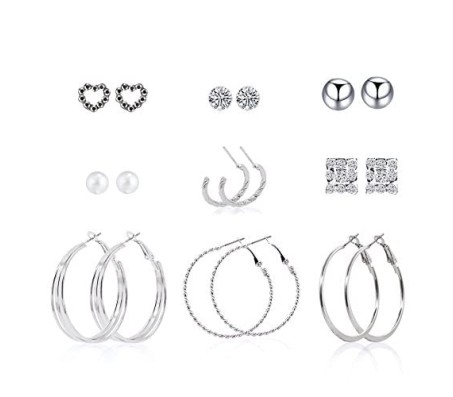 9 PCs/Set Assorted Hoop Square Heart Pearl and Stud Multi Earring Combo for Girls and Women
