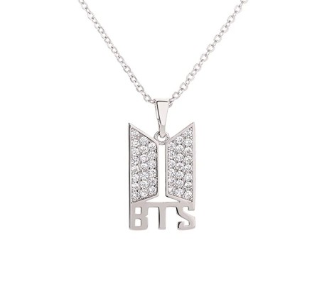 BTS Logo with Text and Rhinestone Pendant For BTS Army Merchandise Necklace / Locket Chain for Army Girls Silver