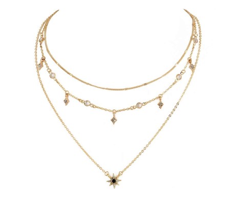 Boho Layered Necklace Gold Sun Charm Pendant Necklace Star Choker Multilayer Chain Short Necklace Jewelry with Crystal for Women and Girls Gold