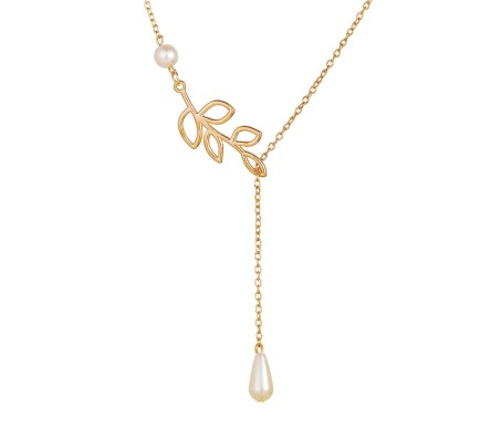 Gold Leaf Single Pearl Drop Water Stylish Leaves Pendant Necklace For Girls And Women Gold White