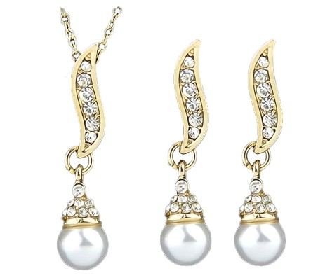 Gold Plated Pearl Solitaire Pendant Necklace and Earring Jewelry Set for Woman