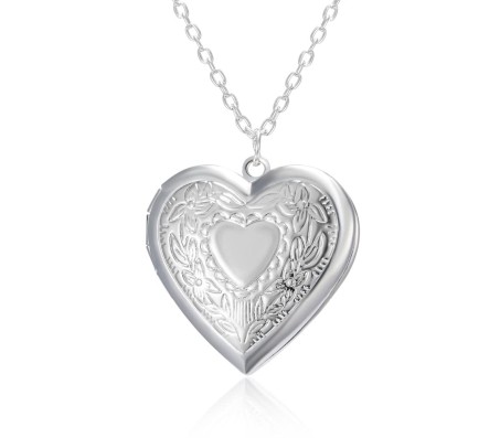 Heart Shape Photo Frame Locket With Engraved Design Pendant Silver Plated Necklace for Girls and Women