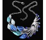 Tibetan Metal Leaf Peacock Crystal Rhinestone Stud Earrings Necklace with Pendant Set for Women