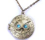Retro Owl Eye Statement Gold Choker Big Size Openable Photo Picture Pendant Momento Locket Round Illuminati Antique Necklace for Women and Girls Brone Blue