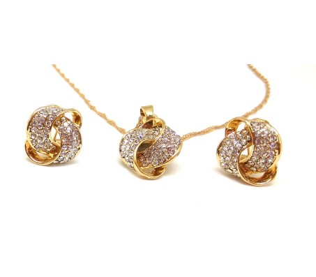 Round Twist Inside Gold Plated Rhinestone Pendant Necklace Set with Stud Earring for Women/Girls