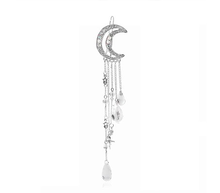 Silver Hair Pin Stylish Moon Shaped Rhinestone Crystal Tassel Long Chain Beads Dangle Hair Clip Hair Jewelry for Women and Girls