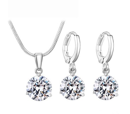 Silver Round AAA Zircon Solitaire Pendant with Necklace and Earring Set for Women and Girls