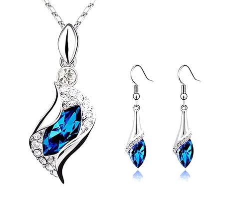 Teardrop Pendant and Earrings Set Blue Austria Crystal for Woman and Girls (Light Blue)