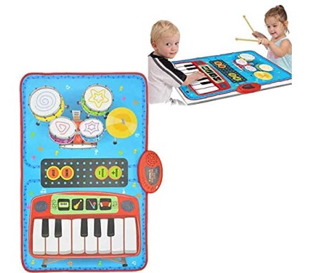 2 in 1 Piano/Keyboard N Drum Musical Jam Playmat Touch Sensitive Playmate Foldable Musical Mat Toy for Kids Multicolor