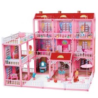 Big Size Large 310 Pcs Mansion Pink Doll House 2.5 Feet x 2.1 feet x 1.8 Feet with Dolls Lights LED and All Doll House Furniture and Accessory for Girls
