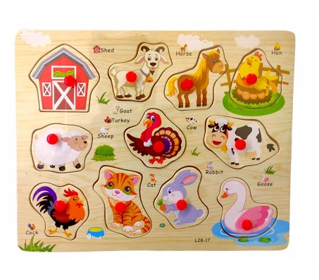 Wooden Farm Animal Puzzle Board Tray with Knob Learning Educational Kids Animals Toy for Age 2 3 4 Years Multicolor