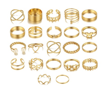 Adjustable Combo of 22 Knuckle Stackable Fashion Statement Gold Multi Finger Rings Pearl Set Boho Stylish Western for Women and Girls