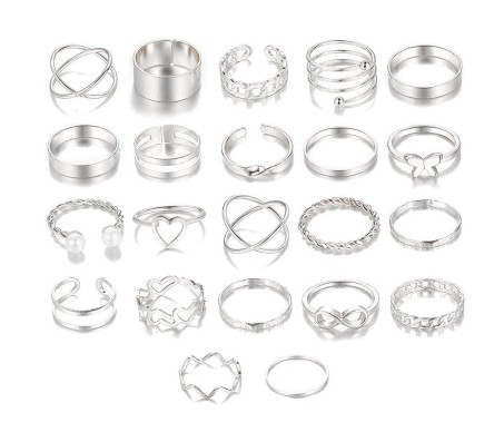 Adjustable Combo of 22 Knuckle Stackable Fashion Statement Silver Multi Finger Rings Pearl Set Boho Stylish Western for Women and Girls