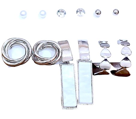 Fashion 6 Pairs Earrings Combo Set Latest Silver Stylish Design Western Stud Pearl Metal Hoop Hanging Wear for Women and Girls D5HS