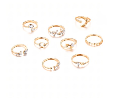 Adjustable Combo of 9 Knuckle Stackable Fashion Statement Gold Multi Finger Rings Set Boho Stylish Western for Women and Girls