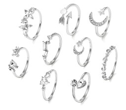 Adjustable Combo of 9 Knuckle Stackable Fashion Statement Silver Multi Finger Rings Set Boho Stylish Western for Women and Girls