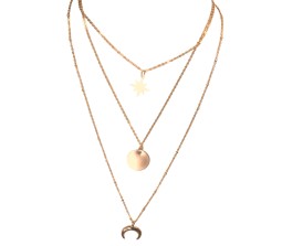 3 Layer Step Multi Layered Necklace Latest Western With Charms Star Circle Moon Crest Chain in Gold Plated for Women