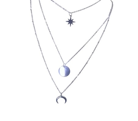 3 Layer Step Multi Layered Necklace Latest Western With Charms Star Circle Moon Crest Chain in Silver Plated for Women