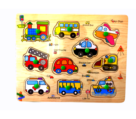  Wooden Puzzle Board of Transportation Toys Vehicles Bus Train Plane Police Car Fire Truck Transport Ambulance Ship Educational Puzzle Tray with Knob for Kids Above 2 3 Years Multicolor