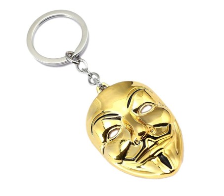 V for Vendetta Anonymous Hacker Face Mask Gold Metal Keychain Key Chain for Car Bikes Key Ring