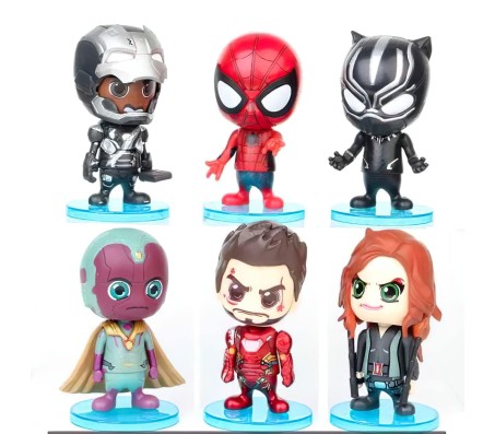 Avenger Set of 6 Iron Man Spider Man Black Panther Action Figure Bobblehead 10 cm for Car Dashboard, Cake Decoration, Office Desk and Study Table Multicolor