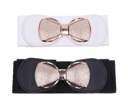 Elastic Fabric Waist Belt for Dress One Piece Stylish Bow-Shaped Design Stretchy Big Designer Broad Ladies Belt for Women Dresses Fancy Stretchable Black White - Free Size