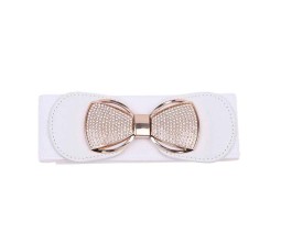 Elastic Fabric Waist Belt for Dress One Piece Stylish Bow-Shaped Design Stretchy Big Designer Broad Ladies Belt for Women Dresses Fancy Stretchable White - Free Size