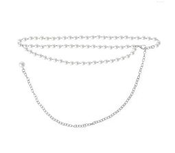 2 Layer Silver Waist Pearl Chain Belt Belly Jewellery Stylish Body Accessory Kamar Band for Navratri Dress Thin Hip Ornament for Girl and Women