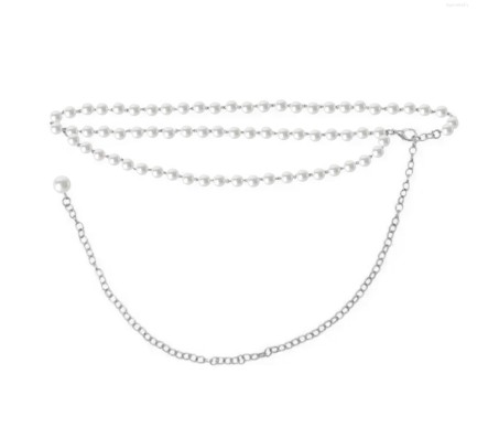 2 Layer Silver Waist Pearl Chain Belt Belly Jewellery Stylish Body Accessory Kamar Band for Navratri Dress Thin Hip Ornament for Girl and Women