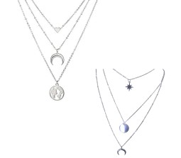 2 Combo 3 Layer Step Multi Layered Necklace Latest Western With Charms Heart Crest Moon World Map Star Circle Chain in Silver Plated for Women