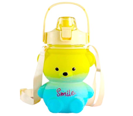 Plastic Teddy Bear Water Bottle for Kids, Push Button Water Bottle with Straw, Sipper Bottle for Kids with Adjustable Strap and Stickers 1400ml, Yellow Blue, 3+Years (Pack of 1)