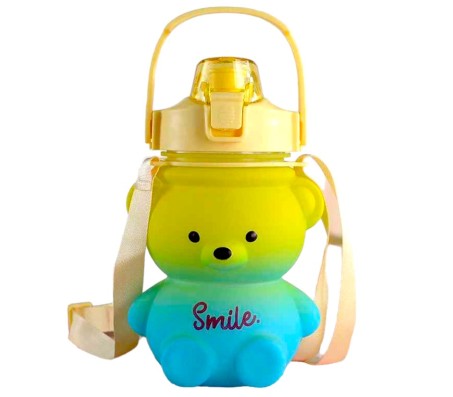 Plastic Teddy Bear Water Bottle for Kids, Push Button Water Bottle with Straw, Sipper Bottle for Kids with Adjustable Strap and Stickers 1000ml, Yellow Blue, 3+Years (Pack of 1)
