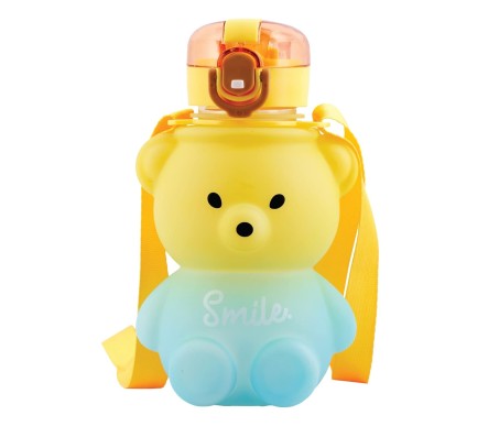 Plastic Teddy Bear Water Bottle for Kids, Push Button Water Bottle with Straw, Sipper Bottle for Kids with Adjustable Strap and Stickers 650ml, Yellow Blue, 3+Years (Pack of 1)