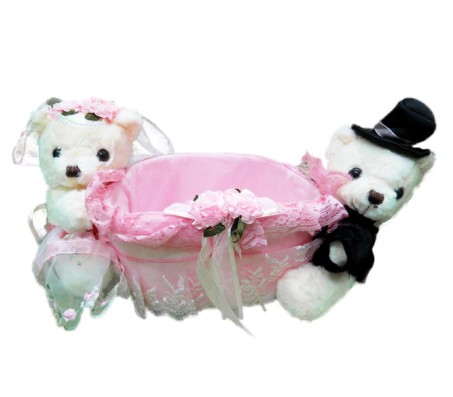 Couple Teddy In Pink Basket or Attached Outside Basket [9 x 10 Inches]