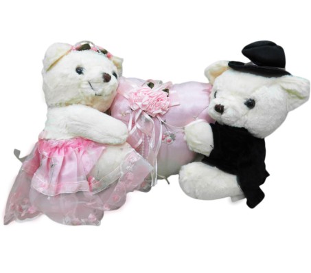 Couple Teddy Attached to Pink Heart In Center [8 x 12 inches]