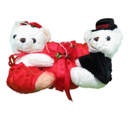 Couple Teddy Attached to Red Heart In Center [8 x 12 inches]