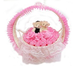 Couple Teddy Basket With Swing Set & I Love You Message - PINK