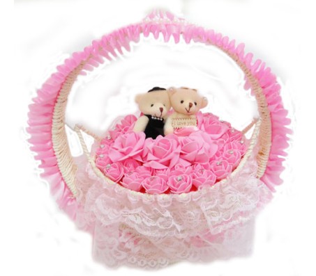 Couple Teddy Basket With Swing Set & I Love You Message - PINK