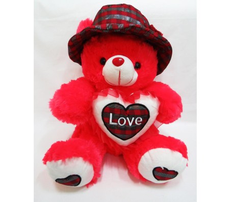 Teddy With Cap & Love Message Tomato Color Hiqh Quality [18 x 12 inches]