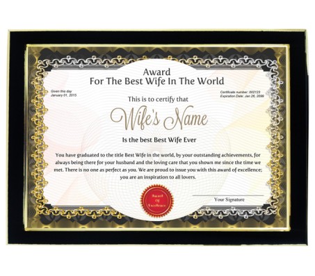 Personalized Award Certificate For Worlds Best Wife With Frame