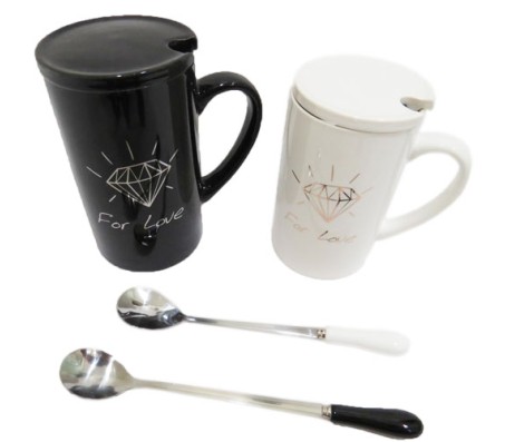 Diamond Lover Black & White Couple Mug With Stainless Steel Spoon