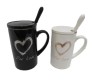 Heart Design Black & White Couple Mug With Stainless Steel Spoon